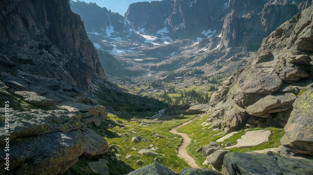 Obraz premium Mountain Trail Winding Through Rocky Alpine Valley