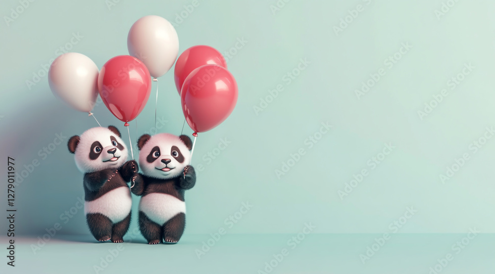 Fototapeta premium cute little panda bears sitting together with red and white balloons on the right side, empty space for text