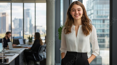 young woman standing in an office with a smile on her face. She is wearing a white blouse and black trousers. Free Download young woman standing in an office with a smile on her face. She is wearing a white blouse and black trousers. - GFXLoad
