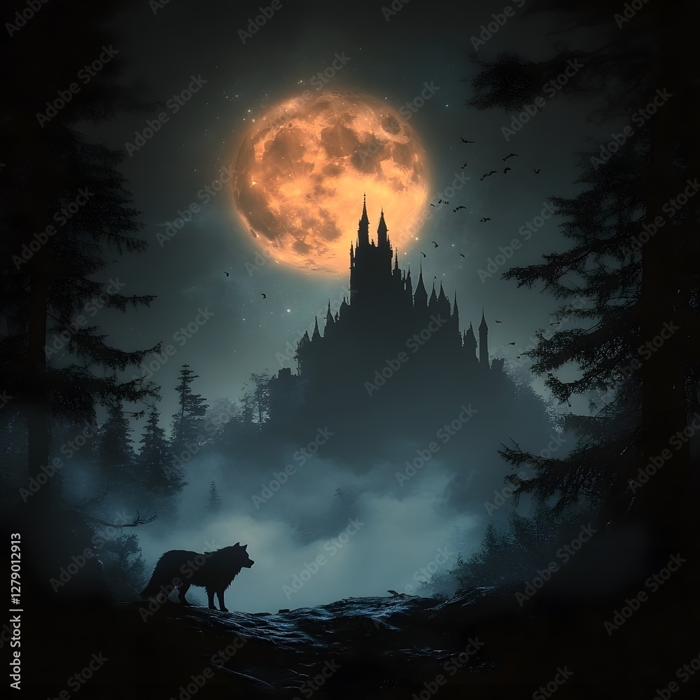 Fototapeta premium Haunting landscape with a dark and imposing castle silhouette against a glowing full moon in the night sky surrounded by a misty forested atmosphere with a lone wolf in the foreground