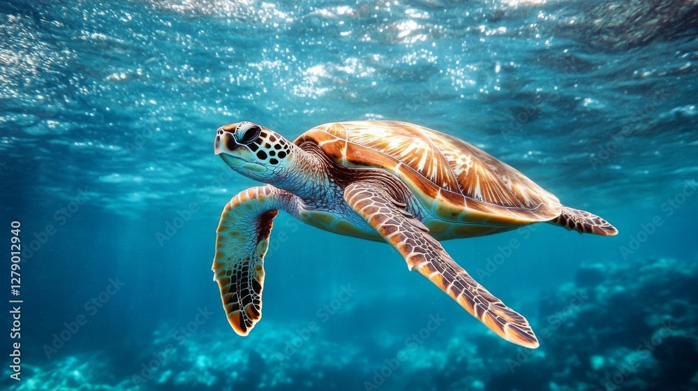Fototapeta premium Sea Turtle Swimming Underwater in Vibrant Blue Ocean