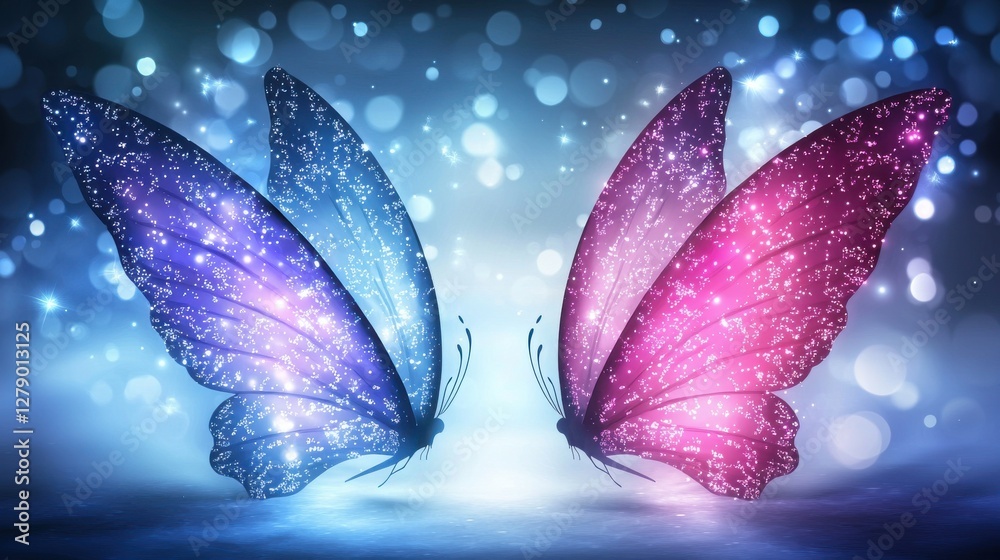 Fototapeta premium Glittering Butterfly Wings with Bokeh Effect in Blue and Pink Shades