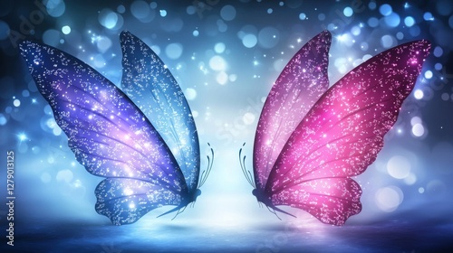 Glittering Butterfly Wings with Bokeh Effect in Blue and Pink Shades