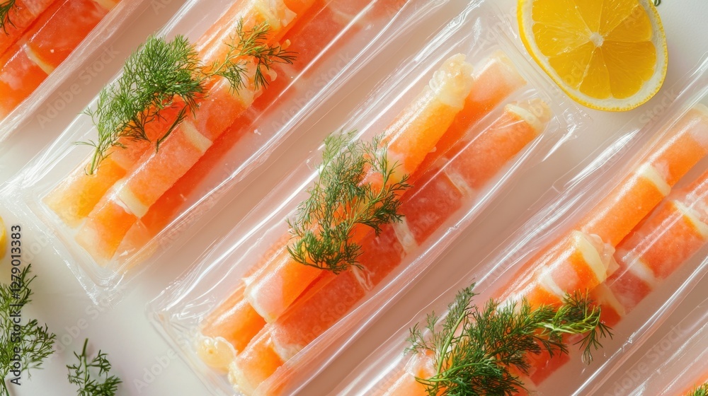 Crab sticks in transparent packaging with a garnish of herbs and citrus, set against a bright, fresh backdrop. Crab sticks in transparent packaging with a garnish of herbs and citrus, set against a bright, fresh backdrop.