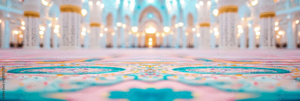 Obraz premium Dreamy Mosque Interior: A serene sanctuary with intricate carpet floor and soft, glowing lights