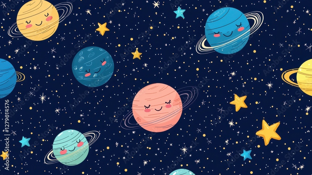 Fototapeta premium Cute Cartoon Planets and Stars Pattern on Dark Space Background