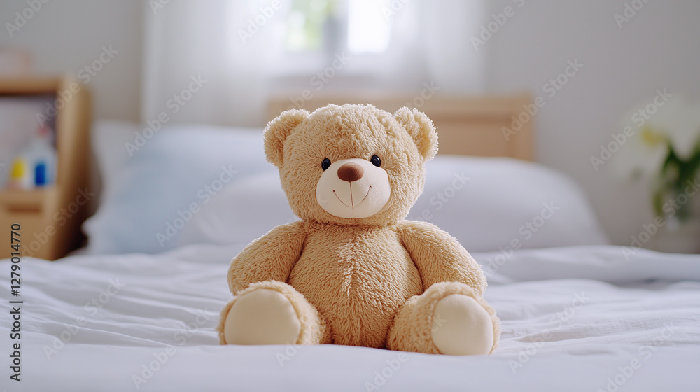 A cute teddy bear sitting on a neatly made bed in a bright, cozy bedroom. A cute teddy bear sitting on a neatly made bed in a bright, cozy bedroom.
