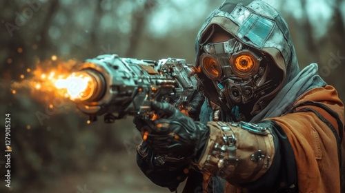 Post-Apocalyptic Warrior: A Futuristic Soldier Firing a Weapon