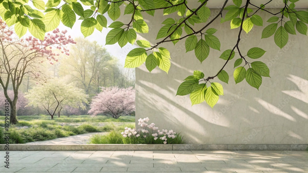 Obraz premium Tranquil Garden Scene with Blossoming Trees and Sunlight