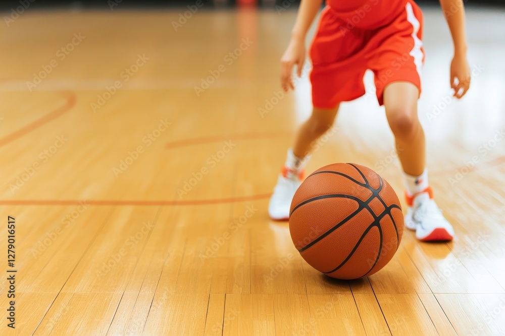 A young player in red dribbles a basketball on a polished wooden court, showcasing athleticism and focus during practice or a game. A young player in red dribbles a basketball on a polished wooden court, showcasing athleticism and focus during practice or a game.