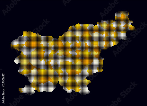 Slovenia dotted map. Digital style map of the country on dark background. Slovenia shape with circle dots. Colored dots style. Small size circles. Creative vector illustration.