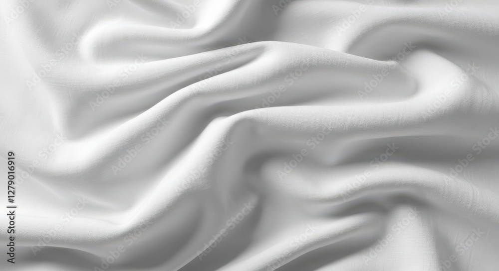 Naklejka premium White fabric texture, crumpled linen, soft wrinkles, subtle shadows, minimalist backdrop, high contrast, macro detail, fine weave pattern, clean aesthetic