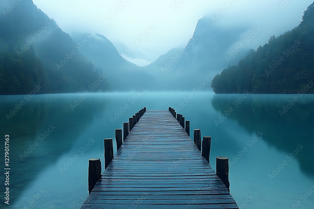 Fototapeta premium Misty Mountain Lake Pier in Tranquil Light