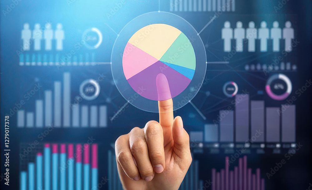 person interacting with digital pie chart on futuristic interface, showcasing data analysis and statistics person interacting with digital pie chart on futuristic interface, showcasing data analysis and statistics