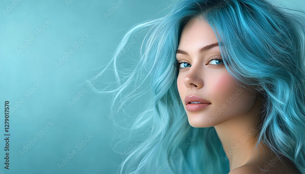 Fototapeta premium Elegant portrait of a serene woman with flowing turquoise hair. Ideal for beauty, wellness, and fashion campaigns. Soft light, calming aqua tones, ample copy space.