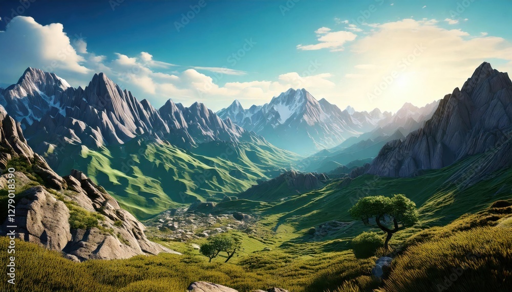 Fototapeta premium A breathtaking mountain valley with lush green slopes, rugged peaks, and golden sunlight casting a warm glow over the serene landscape.