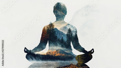 Serene woman meditating, mountainscape silhouette.