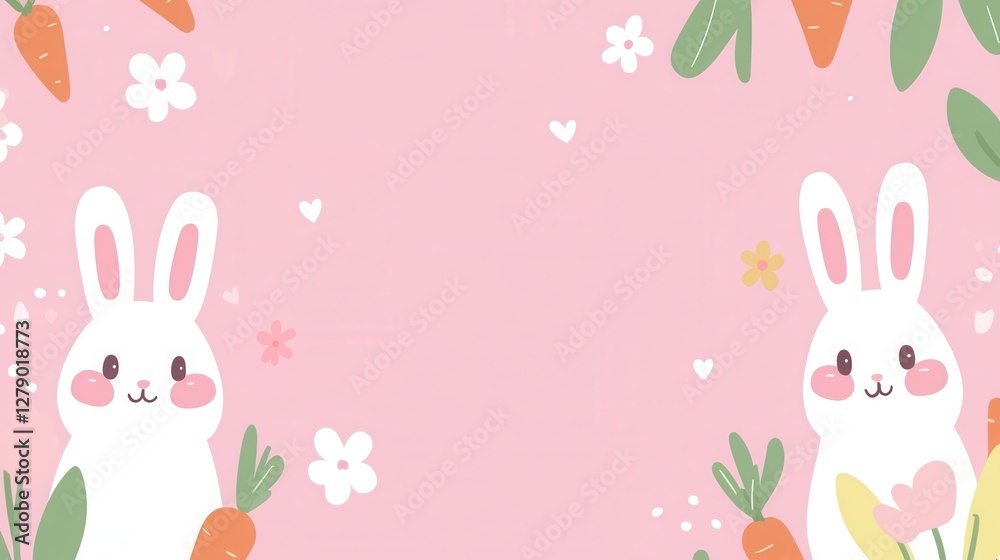 Fototapeta premium Cute Cartoon Rabbits with Carrots on Pink Background for Spring Decor