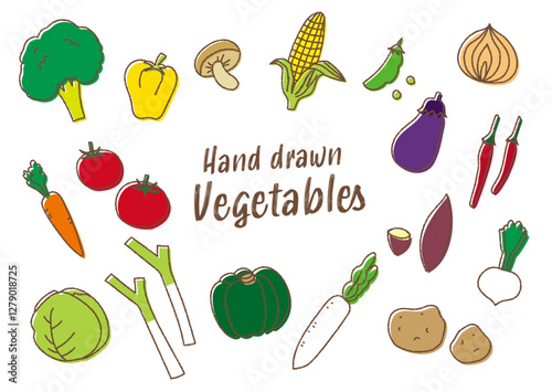 カラフルな手描きの野菜ベクターイラストセット（トマト・ねぎ・かぼちゃ・さつまいも・ナス・にんじん）