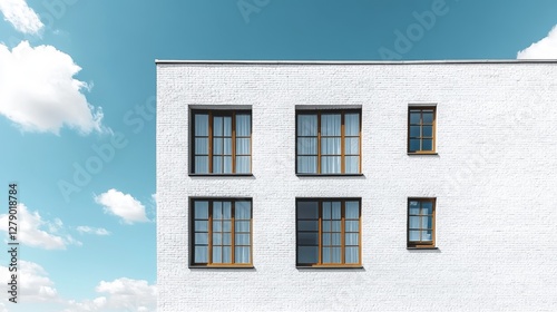 Modern white building facade with symmetrical windows against a blue sky.