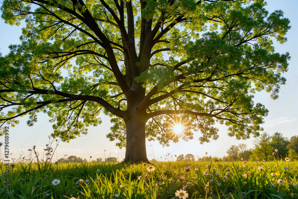 Fototapeta premium Majestic tree with vibrant leaves standing tall in serene forest, nature's beauty