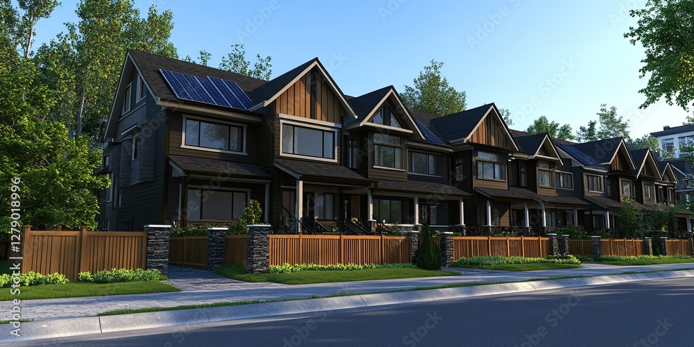 Modern Solar Powered Townhouses Suburban Street Modern Solar Powered Townhouses Suburban Street