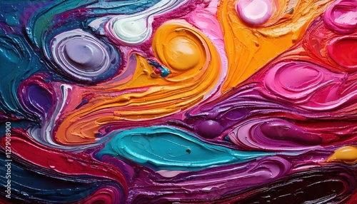 Vibrant abstract artwork featuring bold, fluid strokes of red, blue, orange, and purple with thick textured paint and dynamic movement.