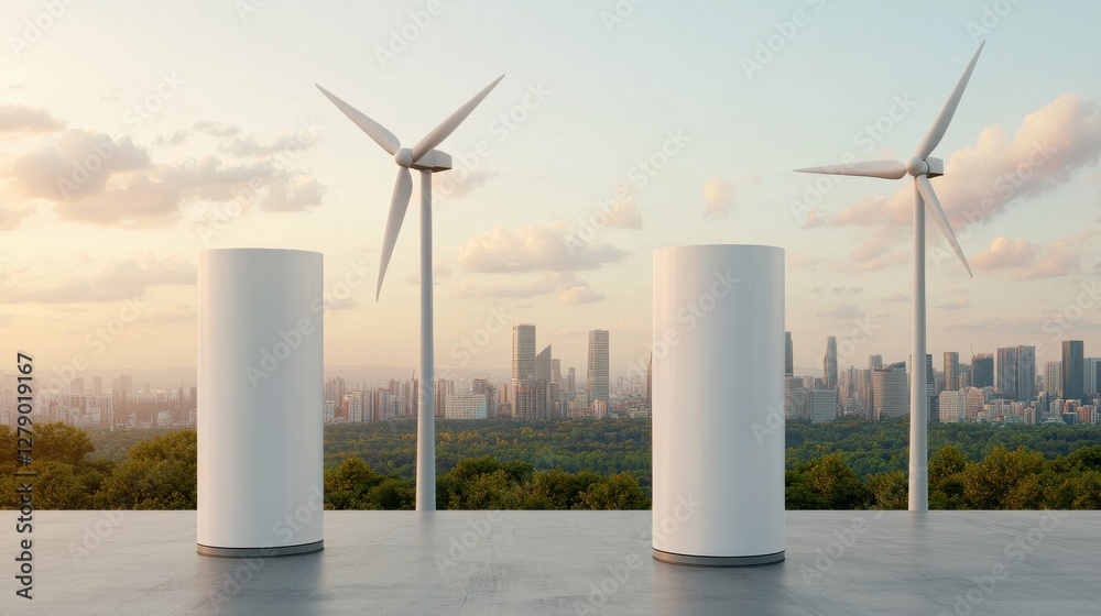 Modern wind turbines with a city skyline in the background, showcasing renewable energy and sustainable development. Modern wind turbines with a city skyline in the background, showcasing renewable energy and sustainable development.