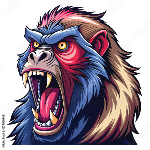A fierce baboon, teeth bared in a threatening display, rendered in detailed ink.  Focus on the animal's intense expression.
