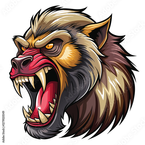 Fierce baboon baring teeth, detailed ink drawing, aggressive expression, primate portrait, animalistic intensity.