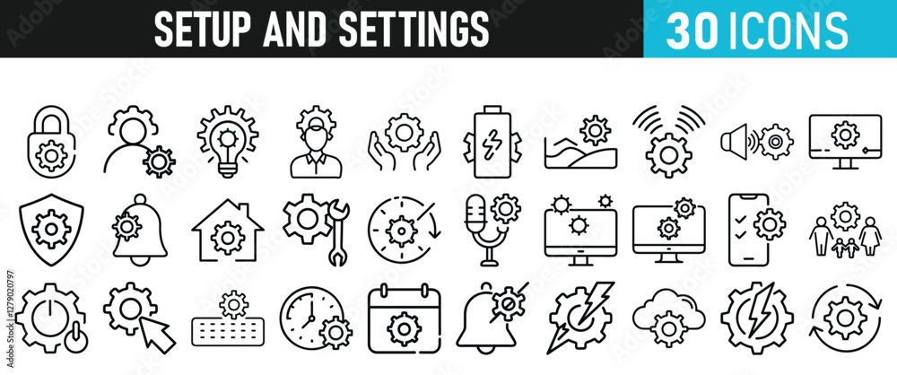 Settings and setup icon set. Setup icons for web and mobile app in liner style. Settings, setup, fix, maintenance, update, options, control, solution Vector illustration Settings and setup icon set. Setup icons for web and mobile app in liner style. Settings, setup, fix, maintenance, update, options, control, solution Vector illustration