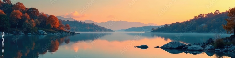 Fototapeta premium Tranquil lake with orange and cyan reflections, stillness, water