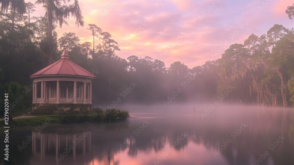 Fototapeta premium Serene Gazebo Sunrise Over Misty Lake