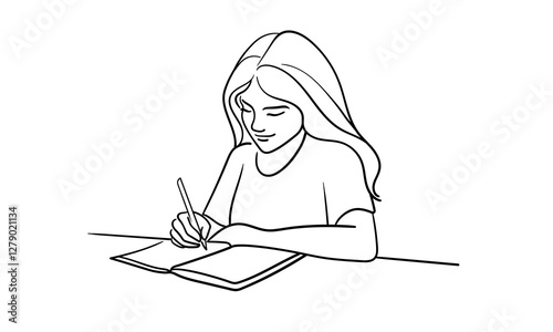 Girl sits and writes with a pen, continuous line drawing. Education, hobby, library. Vector illustration isolated on white background