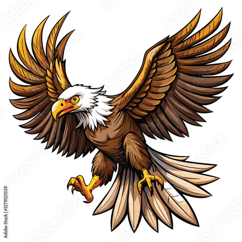 Create an inke style illustration of a bald eagle in majestic flight, wings fully outstretched, showcasing its powerful physique and sharp gaze.