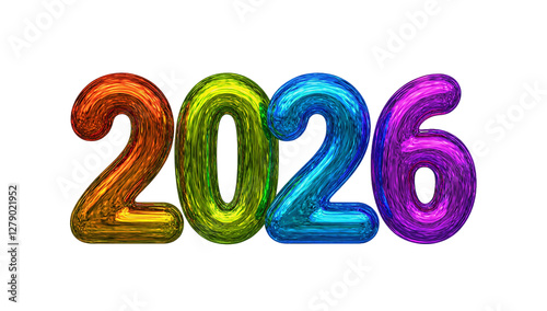 2026, 3D iridescent colorful numbers with elegant finish isolated on transparent background