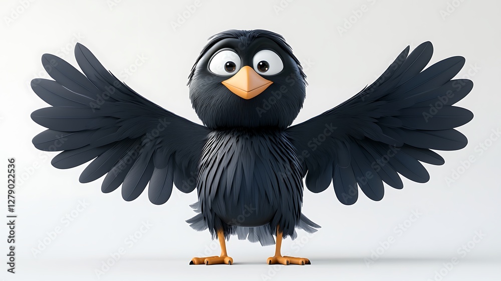 Naklejka premium Animated cartoon raven spreading wings studio digital art white background