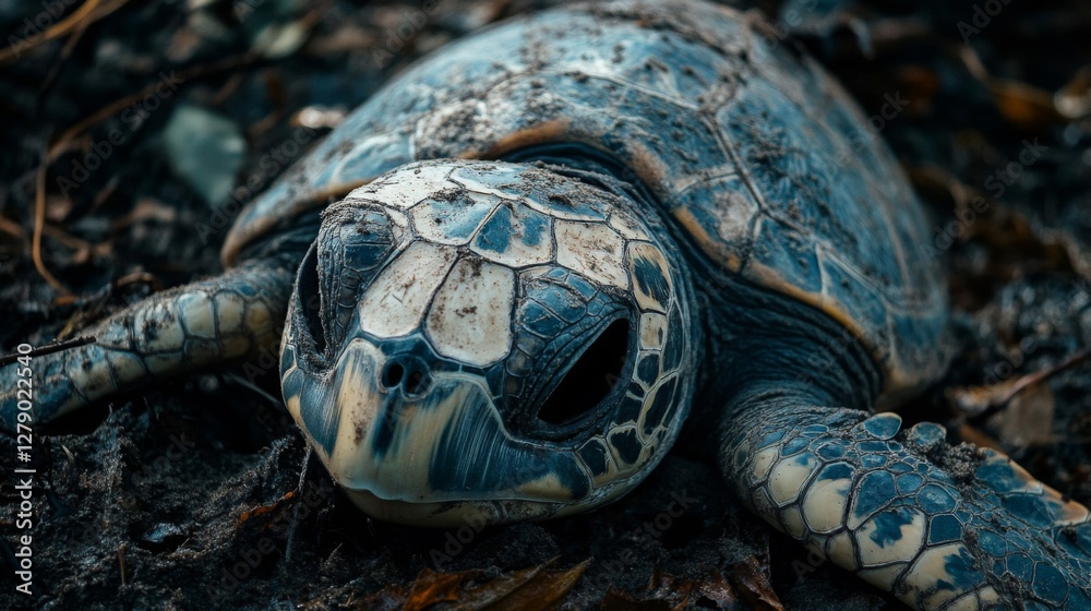 Naklejka premium Close Up of a Blue and Grey Sea Turtle on Dark Sand