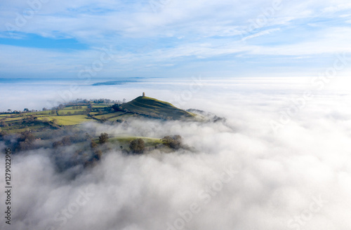 Glastonbury Tor Somerset Misty morning Drone Landscape shot.  photo