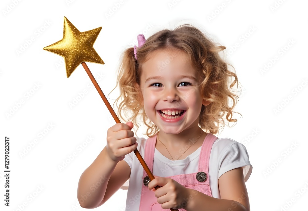 Cheerful young girl holding a magic wand, beaming with excitement on a white backdrop Cheerful young girl holding a magic wand, beaming with excitement on a white backdrop