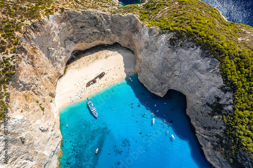 Fotografie Aerial drone view of the famous Shipwreck Navagio Beach on Zakynthos island, Greece