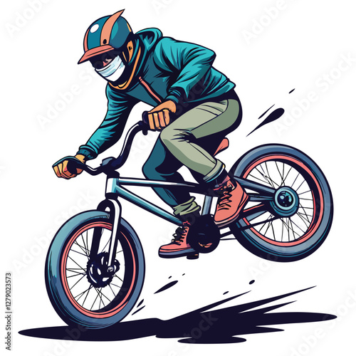 A BMX rider executing a daring wheel-spinning stunt, dynamic motion blur, intense concentration, outdoor setting, bright sunlight.