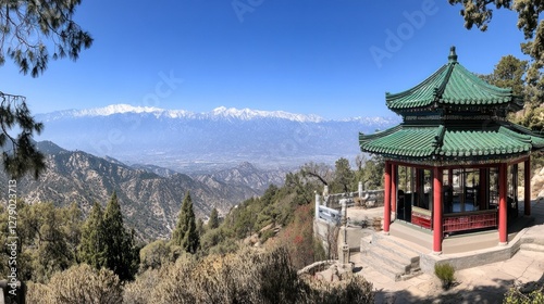 Mountaintop Pavilion Overlooking Snow Capped Peaks