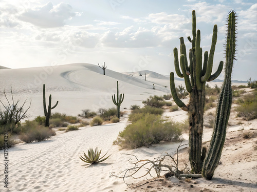 awe-inspiring splendor of a barren desert terrain embellished with majestic cacti epitomizing indomitable fortitude and extraordinary acclimatization of these flora to parched surroundings photo