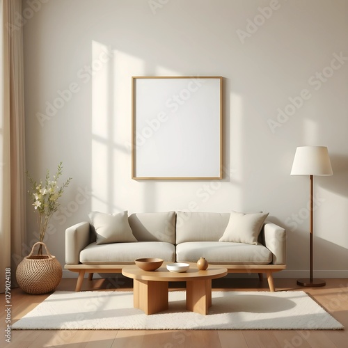 square japandi-style empty frame mockup in cozy neutral minimalist living room, wooden elements, soft lighting, textured decor, serene interior