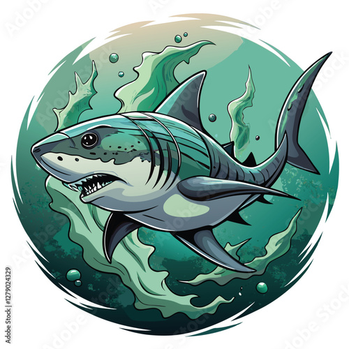 A menacing bull shark, partially hidden in murky, dark water, its sharp dorsal and pectoral fins visible.  Focus on detail and realism.