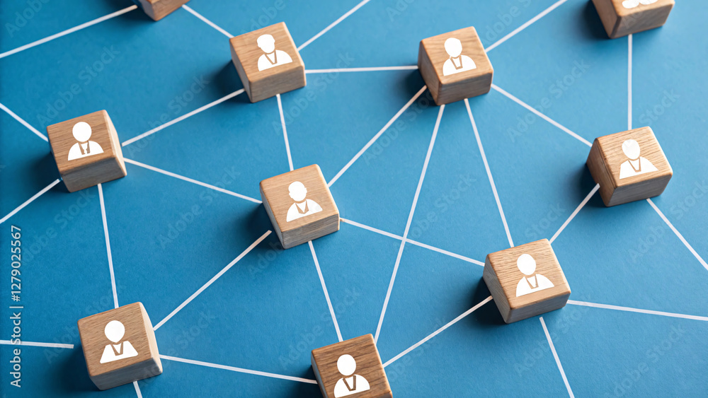 digital illustration of social network graph with wooden blocks representing users connected by lines, symbolizing communication and relationships digital illustration of social network graph with wooden blocks representing users connected by lines, symbolizing communication and relationships