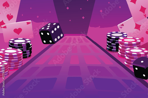 Render a 3D casino interior with realistic poker chips scattered on a plush green felt table, featuring a classic luxury car subtly in the background.
