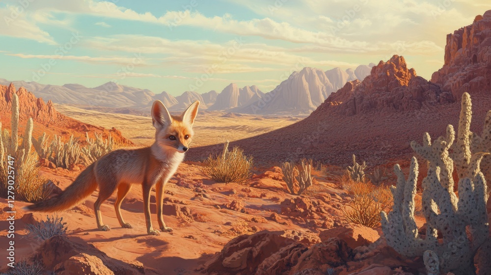 Naklejka premium Desert Fox at Sunset in Rocky Landscape