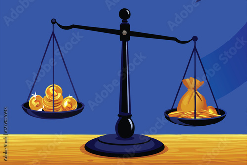 A meticulously detailed illustration of a balance scale; one side displays overflowing money bags, the other side is empty, highlighting wealth disparity.